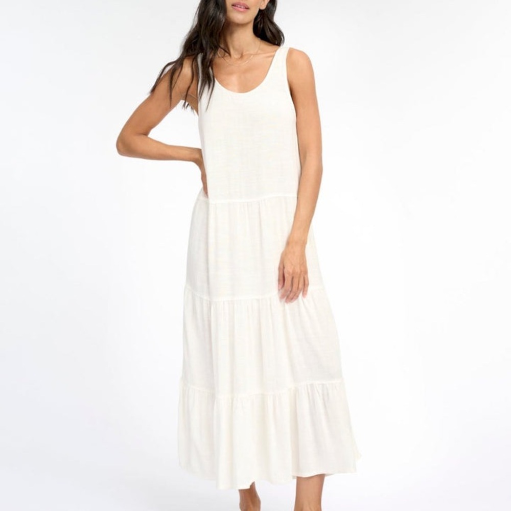 Splendid Collection White Tiered Midi Maxi Dress Linen Blend Minimalist Small